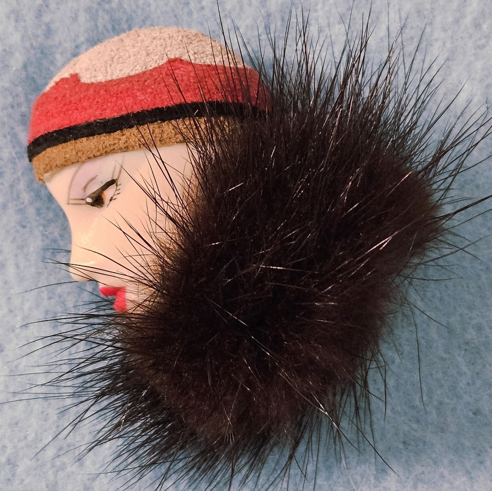 VTG Art Deco Lady Face Brooch  with Genuine Mink Fur Collar 2" X 1.25"